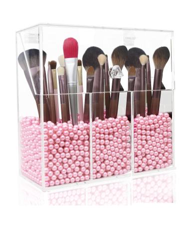 Acrylic Makeup Brush Organizer ,Lumcrissy 3-Slot Personal Organizer with Closable Protective Lid, Dust-proof Cosmetic Storage Case with 750g Pink Pearl 3holder