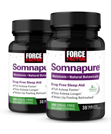 Force Factor Somnapure, 2-Pack, Drug-Free Sleep Aid for Adults with Melatonin, Valerian Root, and Lemon Balm, Non-Habit-Forming Sleeping Pills, Fall Asleep Faster, Wake Up Refreshed, 60 Tablets