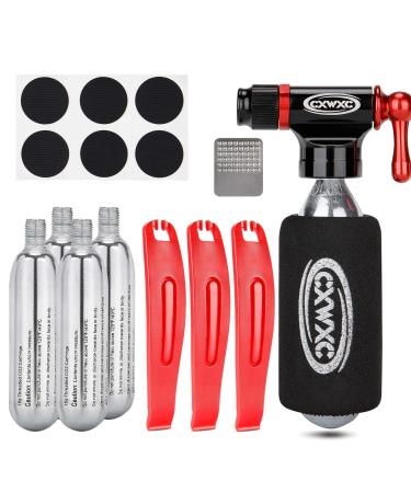 CO2 Inflator Kit with 5 X 16g CO2 Threaded Cartridges- Presta & Schrader Valve Compatible -Portable CO2 Bike Tire Pump Come with Glueles Repair Kit for Road & Mountain Bike Style:A