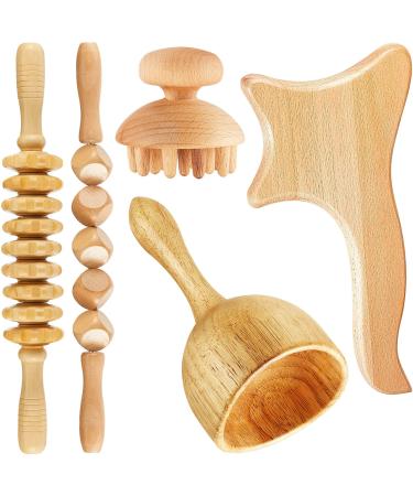 5 Pieces Maderoterapia Kit Wood Therapy Massage Tools Gua Sha Tool Lymphatic Drainage Massager Anti Cellulite Maderoterapia Colombiana Fascia Massage Roller for Full Body Muscle Pain Relief