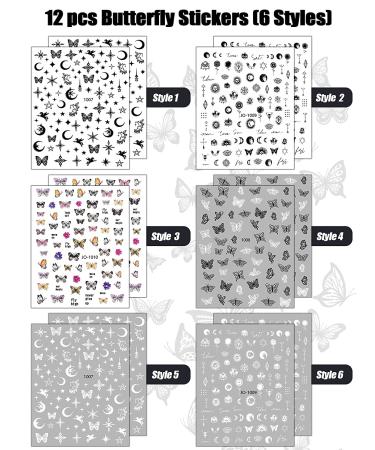 12 Sheets Butterfly Nail Art Stickers Decals - Star Moon French Design Self-Adhesive Supplies for Women & Girls | EBANKU - Buy Online on GoSupps.com