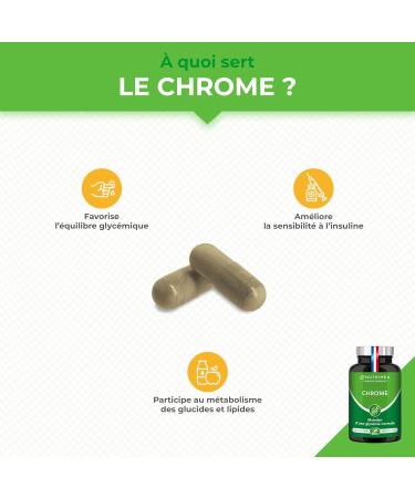 CHROME - 100% Pure Formula - 250 g of Chromium Picolinate - Maintaining Blood Sugar Level and Control of Appetite - 120 Vegan Capsules - Nutrimea - Made in France - Buy Online on GoSupps.com