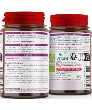 SUPERDIET - ORGANIC GINGER - Nausea pregnancy digestion energizing - Herbal medicine - Made in France - 45 capsules - Buy Online on GoSupps.com