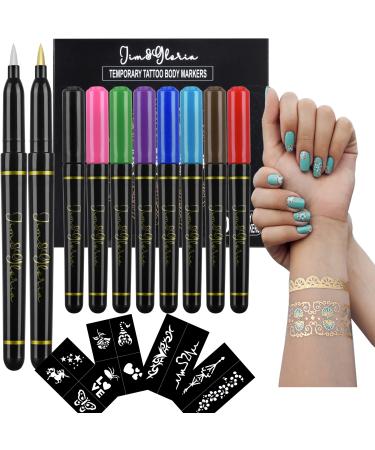 Jim&Gloria Body Art Tattoo Pen 10 Colors With Gold and Silver Fake Tattoos Brush Temporary Tattoo Kit Teen Girls Trendy Stuff for Birthday Friendsgiving Thanksgiving and Christmas gift ideas