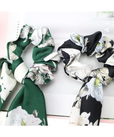Satin Floral Hair Scrunchies Set - 5 Pcs Bowknot Elastic Hairbands for Women & Girls | Hair Scarf Ponytail Holder Accessories - Pattern 2 - Buy Online on GoSupps.com