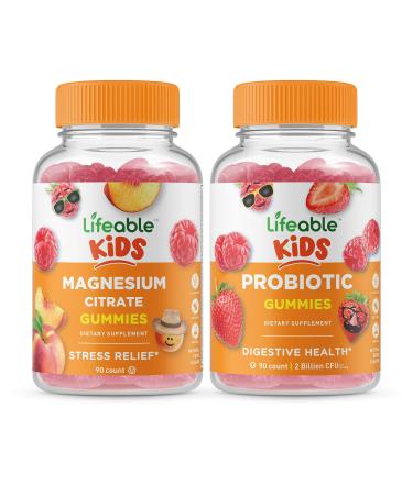 Lifeable Magnesium Citrate Kids + Probiotic 2 Billion CFU Kids Gummies Bundle - Great Tasting Vitamin Supplement Gluten Free GMO Free Chewable Gummy