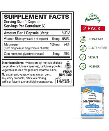 Terry Naturally BioActive Magnesium Complex (2 Pack) - 60 Vegan Capsules - Supports Heart Health with Vitamin B6, Zinc, and Magnesium - 120 Servings - Buy Online on GoSupps.com