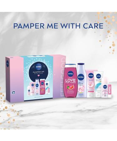 NIVEA Pamper Me With Care Gift Set (6 Products) Women's Gift Set with Shower Gel Moisturising Cream Body Lotion Lip Balm Anti-Perspirant Roll-On and Cream Wash - Buy Online on GoSupps.com