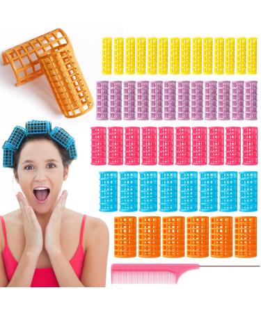 50 Pieces Snap On Hair Roller Plastic Hair Roller No Heat Curlers Clips With Steel Pintail Comb For Long Hair Short Hair Styling Salon Hair Curling Tool yellow + purple + hot pink + blue + orange