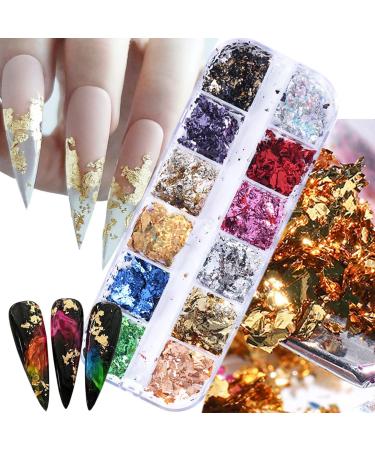 12 Grids Gold Nail Foils Nail Art Foil Flakes Holographic Aluminum Glitter Sequins Mirror Effect Designs Gold Silver Nail Foil Flake for Nail Sticker Decals 3D Glitter Flakes DIY Decorations