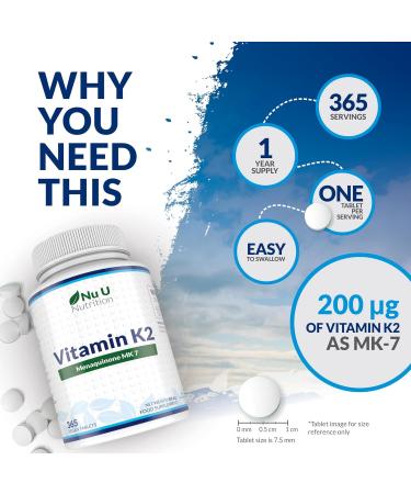 Vitamin K2 MK-7 200mcg - 365 Vegetarian Tablets - High Strength Menaquinone MK7 - Nu U Nutrition - Buy Online on GoSupps.com
