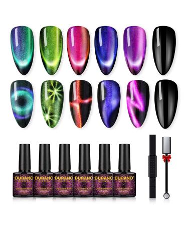 BURANO 9D Cat Eye Gel Polish - Magnetic Nail Polish 6 Colors Set Holographic Cats Eyes Gel Nail Polish Gel with Magnet Stick Set Cateye Soak Off UV LED Gel (Black)