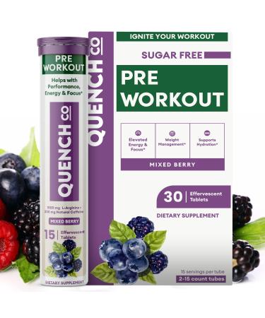 Quench Pre Workout for Men & Women Effervescent Tablets - Boosts Energy & Focus with L-Arginine Natural Caffeine - Supports Weight Management & Hydration - Vegan Keto Soy-Free 30 Count 1 Count (Pack of 30)