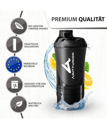 Amityunion 700ml Protein Shaker - Leak-Proof BPA Free With Powder Compartment & Sieve Scale for Whey & BCAA Shakes - Black Fitness Cup - Buy Online on GoSupps.com