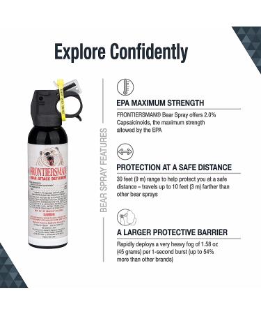SABRE Frontiersman 7.9 oz. Bear Spray, Maximum Strength 2.0% Major Capsaicinoids, Powerful 30 ft. Range Bear Deterrent, Outdoor Camping & Hiking Protection, Quick Draw Holster & Multipack Options 7.9 oz Bear Spray, 2-Pack Bear Spray - Buy Online on GoSupps.com