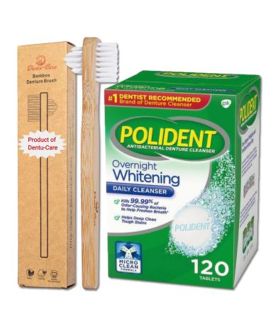 Polident Overnight Whitening Denture Cleaner 120 Tablets Bundle With Dentu-Care Sustainable Bamboo Denture Brush Specifically Designed To Gently Clean Hard to Reach Areas for Full Partial Dentures