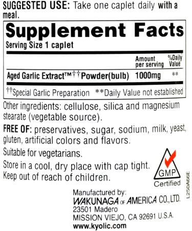 Kyolic Aged Garlic Extract 1000mg One Per Day Cardiovascular Support Caplets - 60 Count - Buy Online on GoSupps.com