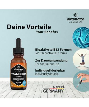 High Dose Vegan Vitamin B12 Drops 500 mcg | Methylcobalamin & Adenosylcobalamin Liquid 50 ml - Additive-Free Dietary Supplement Made in Germany - Buy Online on GoSupps.com