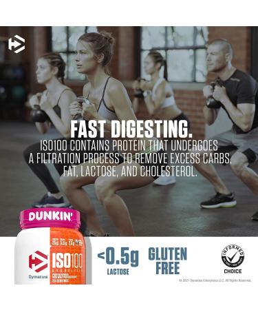 Dymatize ISO100 Dunkin' Cappuccino Whey Isolate Protein Powder - 25g Protein, 95mg Caffeine, 5.5g BCAAs - Gluten Free, Fast Absorbing - 21.5 Oz (20 Servings) - Buy Online on GoSupps.com