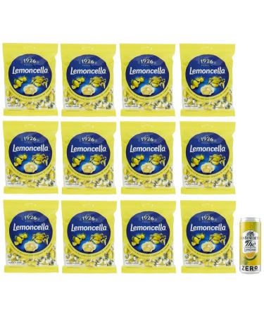 Fida Perugia Lemoncella Lot de 12 sachets de 175 g de bonbons remplis de liqueur de citron + 1 sachet de th glac San Benedetto au citron sans sucre Bo te de 330 ml
