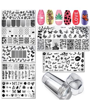 LoveOurHome 7pc Valentine Nail Stamping Kit Flower Butterfly Lace Geometric Nails Stamp Plate Template Stencil Manicure Fingernails DIY Design Tools with Clear Stamper Scraper for Women Kids Gilrs