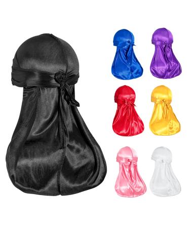 YosaiHom 7Pcs Silky Durags Silk Durag for Men Women 360 waves Satin Designer Durags Pack Do Rag with Long tail and Straps (black white red blue pink yellow purple)