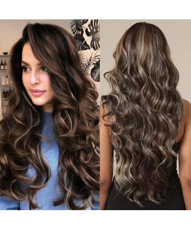 HAIRCUBE Brown Wigs for Women Long Natural Curly Synthetic Partial Hair Wig with Highlights Natural Brown