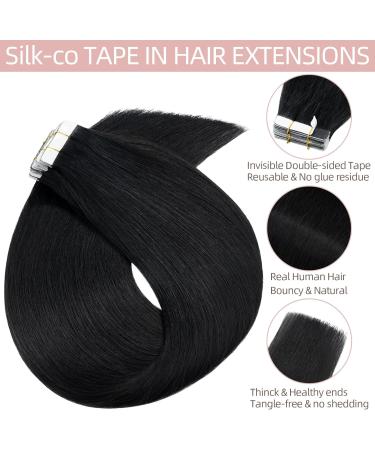 Silk-co Tape-In Real Hair Extensions Black 40 Pieces Real Hair Tape Extensions Remy Tape Glue Extensions Skin Weft 100 g No. 01 Jet Black 60 cm - Buy Online on GoSupps.com