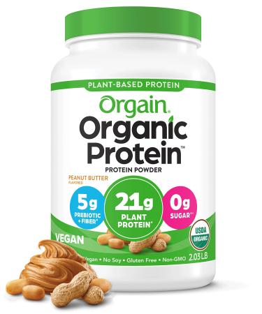 Orgain Organic Vegan Protein Powder, Peanut Butter - 21g of Plant Based Protein, Low Net Carbs, Non Dairy, Gluten Free, Lactose Free, No Sugar Added, Soy Free, Kosher, Non-GMO, 2.03 Pound Peanut Butter (2.03 LB)