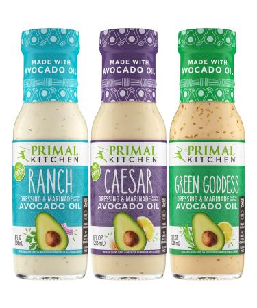 Primal Kitchen Ranch, Caesar, and Green Goddess Salad Dressing & Marinade made with Avocado Oil Variety Pack, Whole30 Approved, Paleo Friendly, and Keto Certified, 8 Fluid Ounces, Pack of 3 Ranch, Caesar, Green Goddess 8 Fl Oz (Pack of 3)