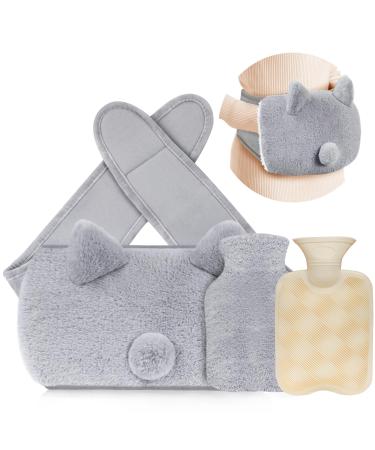 Hot Water Bottle Belt Wrap Around Hot Water Bottle with Fluffy Cover Pouch and Furry Waist Belt Cute Wearable Body Hot Water Bottles Strap on for Period Neck Back Shoulder Pain Relief - Grey