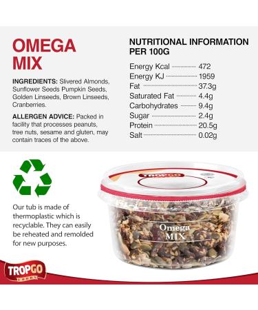 Tropgo Omega Mix 200g - Premium Nuts Seeds and Dried Fruit in Resealable and Recyclable Tub - Contains Fibre Protein and Essential Minerals - Wholesome Trail Mix - Healthy Snacks for All Ages - Buy Online on GoSupps.com