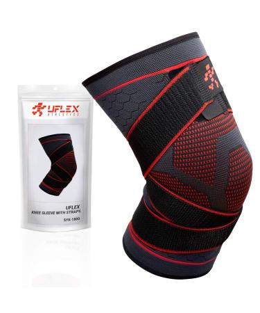 UFlex Knee Brace Compression Sleeve with Straps  Non Slip Running and Sports Support Braces for Men and Women  Sports Safety in Basketball  Tennis - Pain & Discomfort Related to Meniscus Tear (Large  1 Pack) Large 1