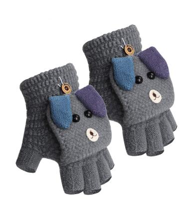 Toddler Kids Puppy Flip Top Short Knitted Half Finger Gloves for 3-8 Yrs Puppy/Grey