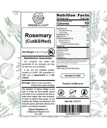SPICES VILLAGE Dried Rosemary Leaves 4 oz - Pure Mediterranean Seasoning for Cooking & Tea | Kosher, Gluten Free, Vegan, Non GMO - Resealable Bulk Bag - Buy Online on GoSupps.com