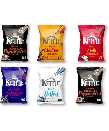 Kettle Hand cooked Crisps Premier Potato Chips Light salted Cheddar & Red Onion Sea Salt & Vinegar Black Pepper and Sweet Chilli Sour Cream 40g x 18 Packs - Buy Online on GoSupps.com
