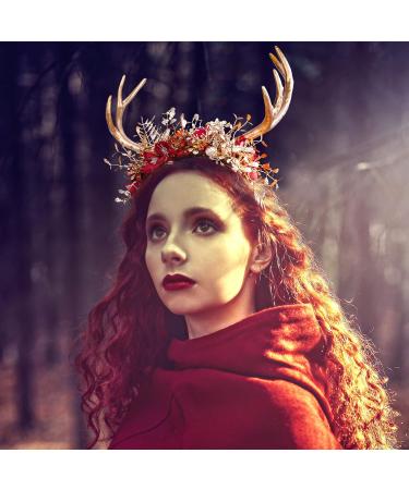 MOSTORY Handmade Branches Crown Woodland Antler Headband Fairy Floral Headpiece Deer Horns Hair Garland for Adults Witch Cosplay Costume Accessory Party Wedding Maternity Photography Golden Red - Buy Online on GoSupps.com