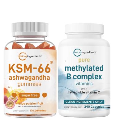 Micro Ingredients Pure Methylated B Complex Capsules & KSM-66 Ashwagandha Gummies 300mg | 2 Pack Bundle | B Vitamins + B12 Thiamin Folate Inositol & Choline | Sugar Free Mango Passion Fruit Flav