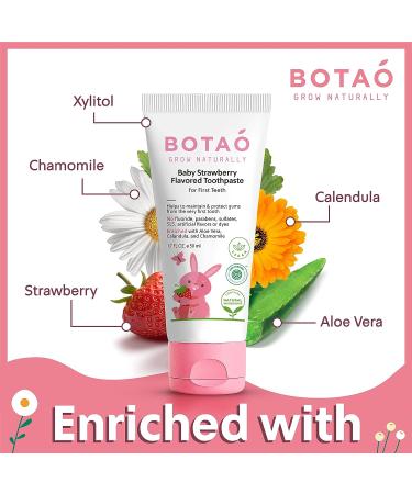 BOTAO Baby Natural Strawberry Flavored Toddler Toothpaste - Fluoride Free, EWG Verified, Vegan, SLS Free, Safe to Swallow - Aloe Vera, Calendula, Xylitol 1.7oz - Buy Online on GoSupps.com