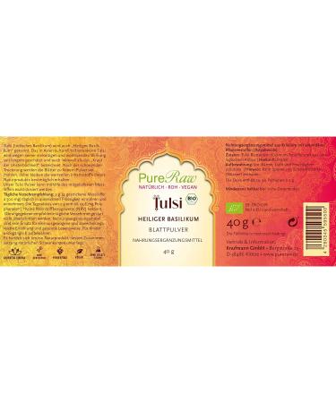 Organic Tulsi Powder - Vegan Ayurvedic Holy Basil - Pureeraw 40g | Additive-Free Indian Basil Bottled in Germany - Buy Online on GoSupps.com