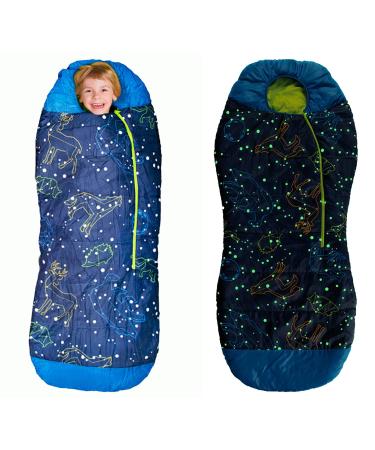 AceCamp Glow in The Dark Mummy Sleeping Bag for Kids and Youth, Temperature Rating 30F/-1C, Water-Resistant for Camping, Hiking, and Slumber Party Blue Kid's