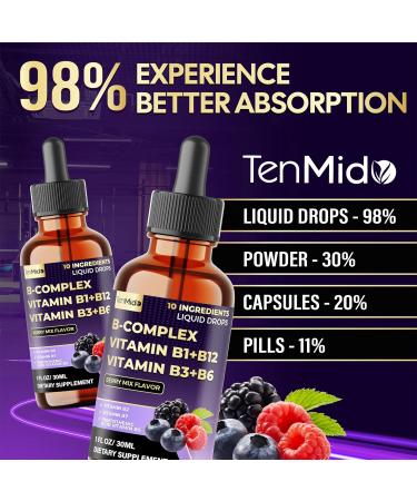 Tenmido 10in1 Vitamin B Complex Liquid Drops with B1 Thiamine B12 Methylcobalamin B2 Riboflavin B3 Niacinamide B5 Pantothenic Acid B6 Pyridoxine B7 Biotin and More - 30ml 1 Fl Oz - Buy Online on GoSupps.com