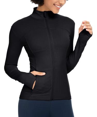 QUEENIEKE Running Jackets for Women, Cottony-Soft Full Zip Slim Fit Athletic Workout Jacket with Pockets Small 1-black