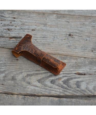 JJNUSA Handmade Leather Razor Travel Sleeve Case - Double Edge Razor 4.5 | Vintage Style Flower Brown - Buy Online on GoSupps.com