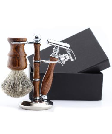 Haryali London Shaving Kit - 3 Pc Wooden Shaving Kit - Double Edge Safety Razor - Super Badger Shaving Brush - Shaving Stand from Wood and Stainless Steel - Sustainable Shaving Set as a Gift Set - Buy Online on GoSupps.com