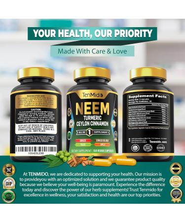 Tenmido Neem Leaf Supplement - 8in1 Formula - Combine with Turmeric Ceylon Cinnamon Ginger Tulsi Ginkgo Biloba Amla and Black Pepper - Immune Health Support - 150 Vegan Capsules - Buy Online on GoSupps.com