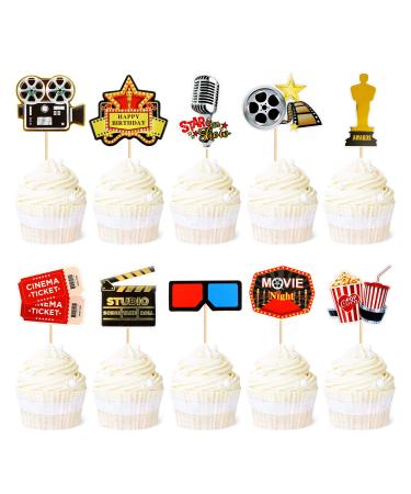 Ercadio 30 Pack Movie Cupcake Toppers Movie Night Cupcake Picks Roll Camera Popcorn Cupcake Toppers Hollywood Theme Baby Shower Birthday Party Cake Decoration Movie-04