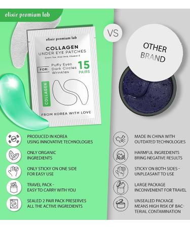 Premium Lab Collagen & Green Tea Under Eye Patches - Reduce Wrinkles, Dark Circles & Bags - 15 Pairs - Cooling Effect - Elixir - Buy Online on GoSupps.com