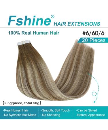 FSHINE Real Hair Tape Extensions 40cm Balayage Medium Brown & Platinblond Highlights - 50g Invisible #6/60/6 - Premium Remy Quality - Buy Online on GoSupps.com