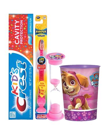 4pc Bright Smile Oral Hygiene Set! Flashing Lights Toothbrush  Toothpaste  Brushing Timer & Licensed Pink Paw Patrol Mouthwash Rise Cup! Plus Bonus Remember to Brush Visual Aid!
